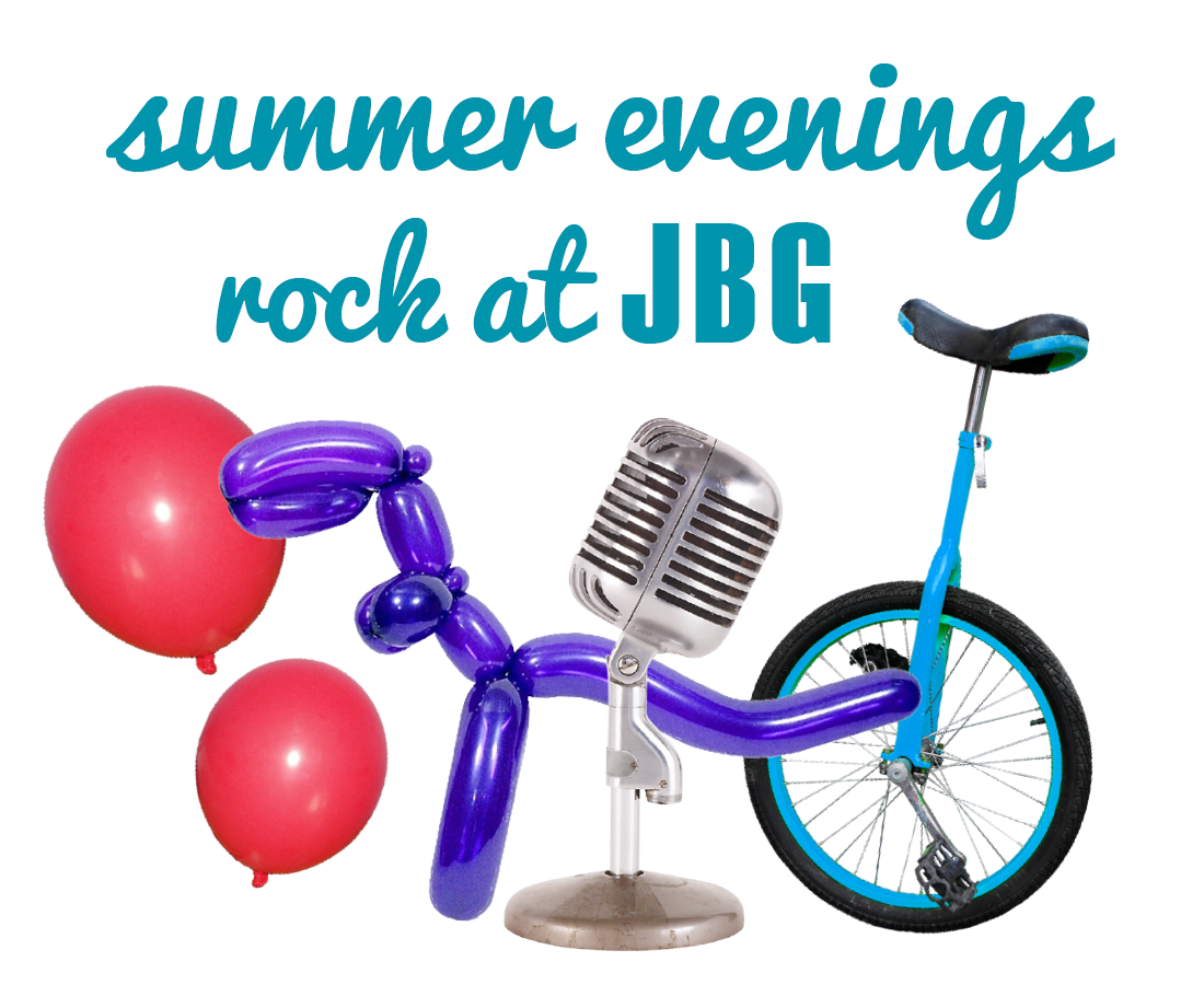 Balloons, unicycle and mic with text saying summer evenings rock at JBG