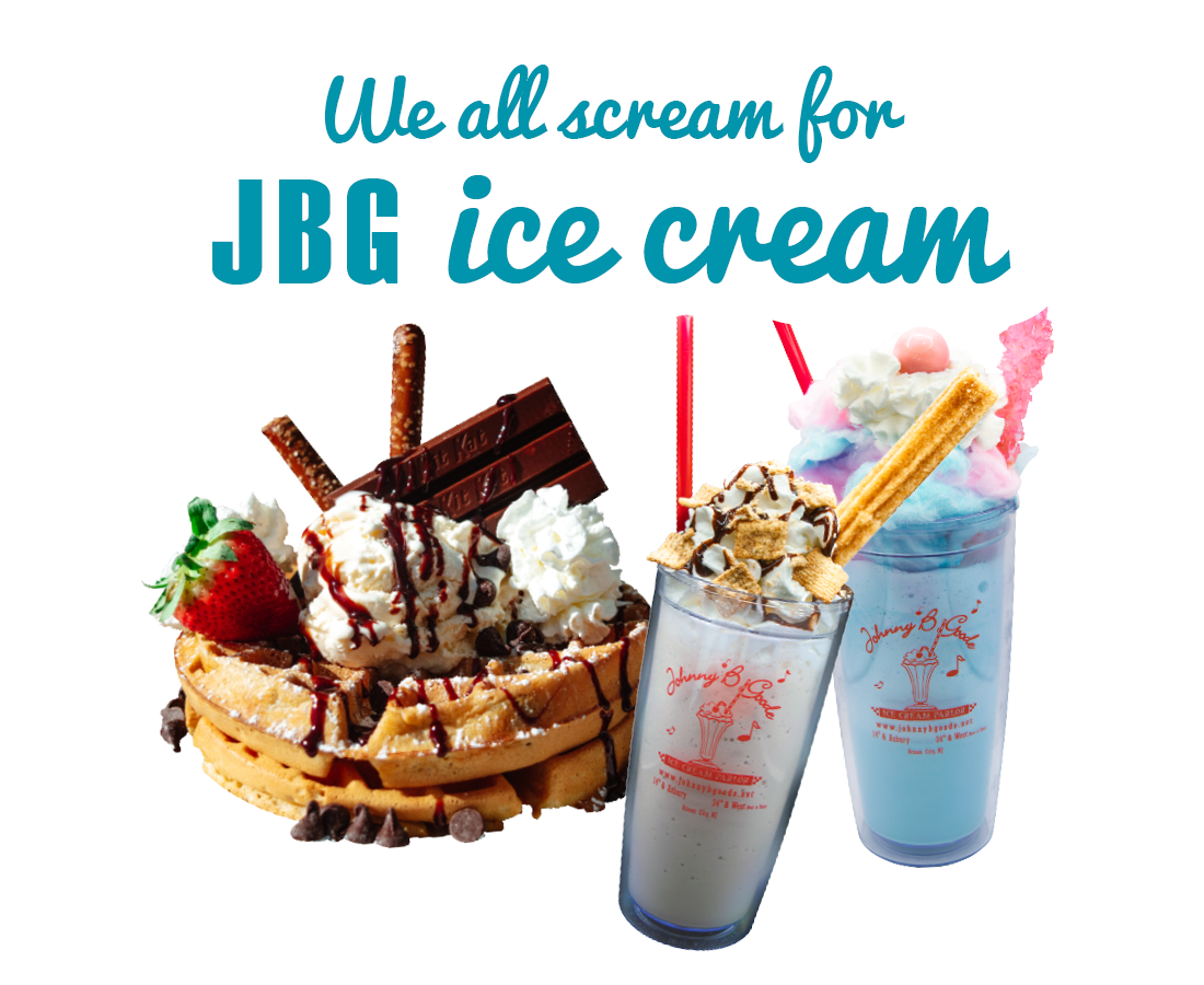 Image with waffle, milkshakes, and text saying we all scream for JBG ice cream