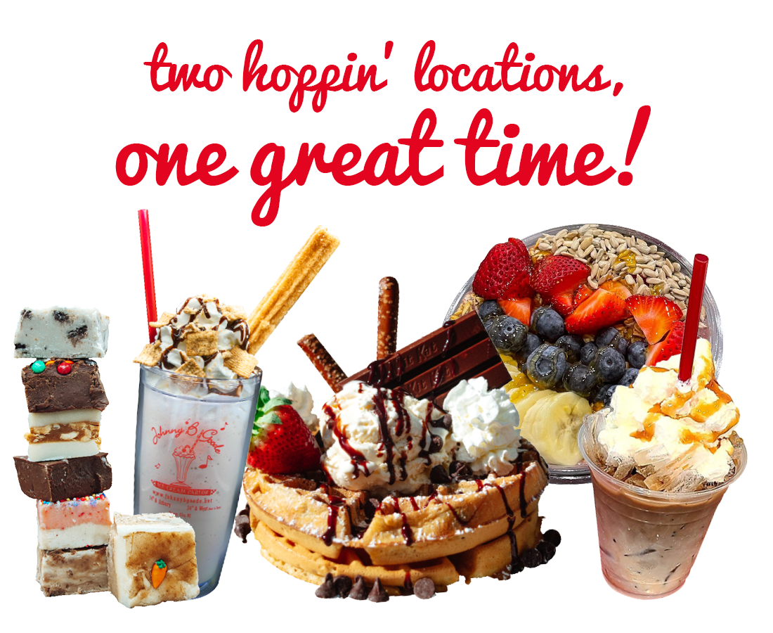 various sweet treats from Johnny B Goode and text saying two hoppin locations, one great time