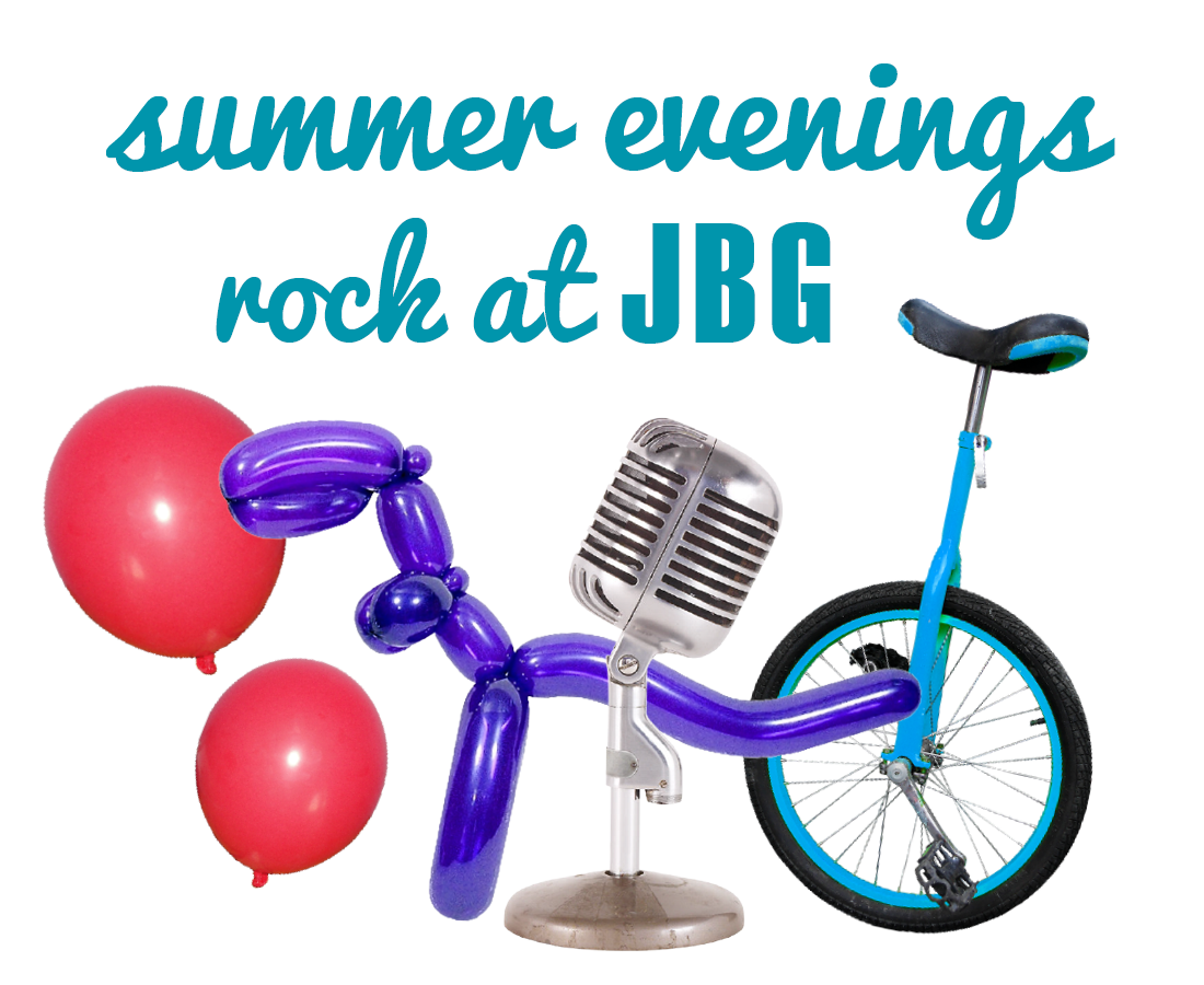 Balloons, unicycle and mic with text saying summer evenings rock at Johnny B Goode