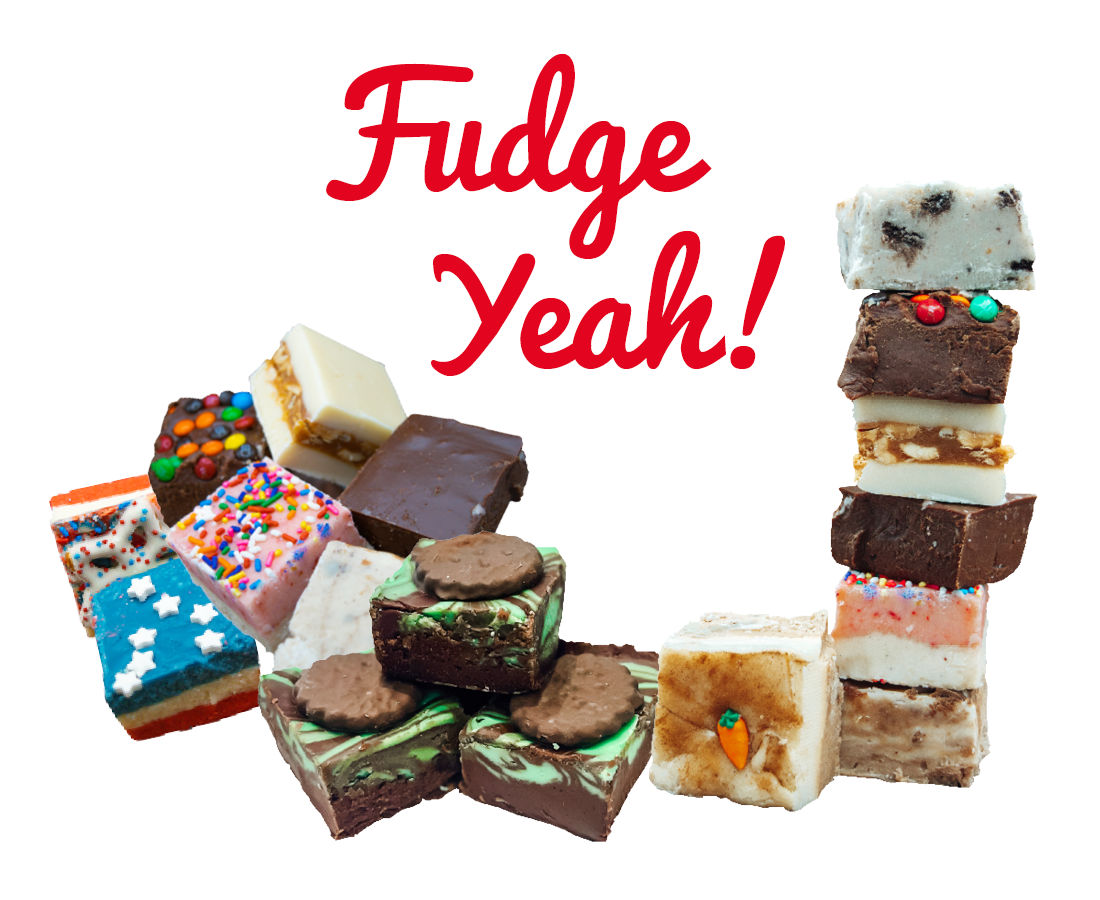 Image of various types of fudge and text saying fudge yeah