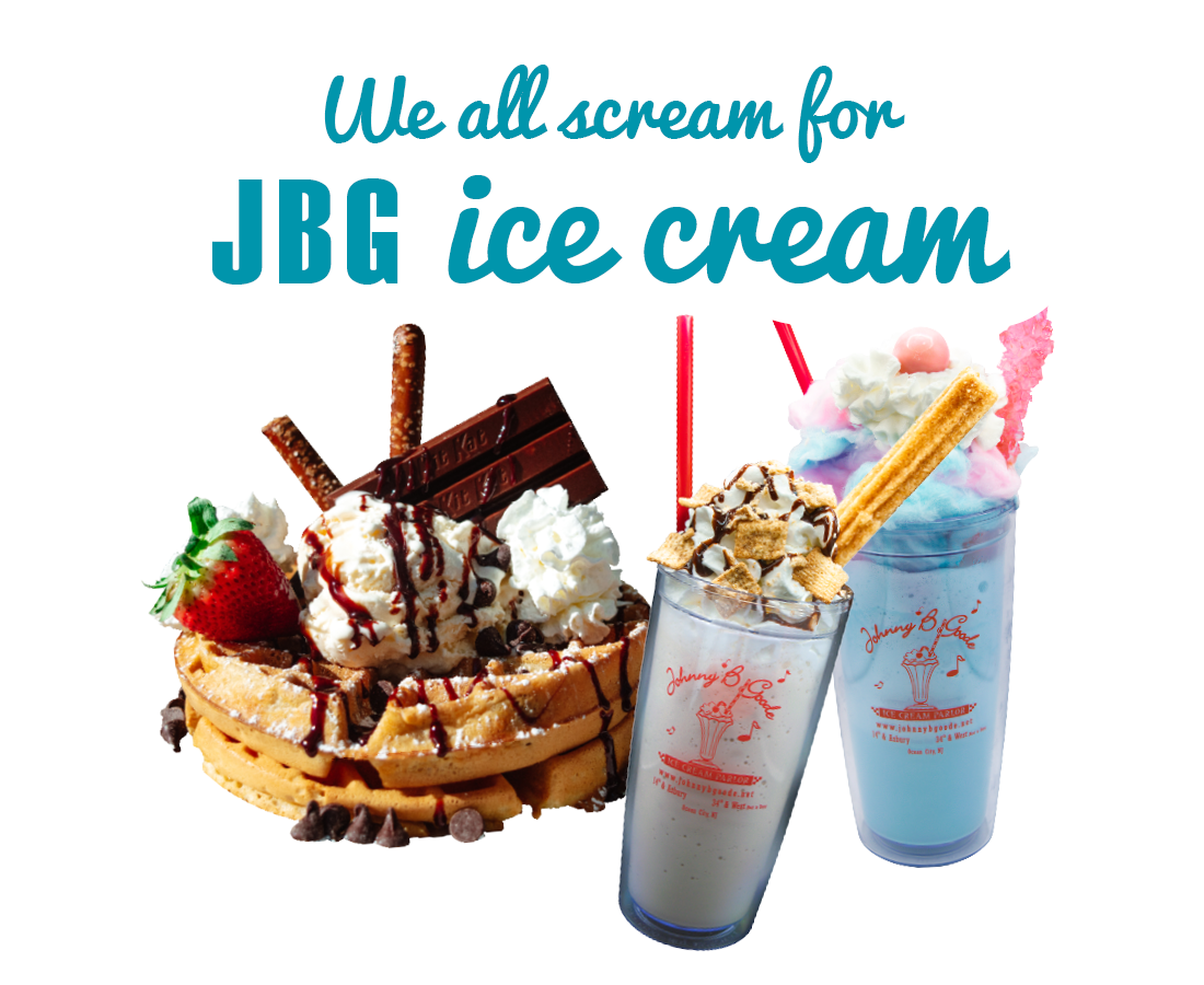 Image with waffle, milkshakes, and text saying we all scream for JBG ice cream